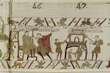 News concerning Harold being brought to William and a house is burnt by the Normans, Bayeux Tapestry