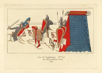Norman cavalry in chainmail armour with swords, shields and lances in combat, with a military tent at right