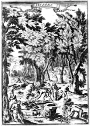 North American Huron Indians hunting and preparing food in woodland, 1686