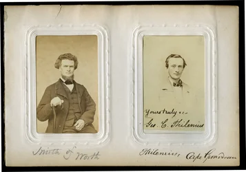 Page fifteen of the album with a half-length portrait of Eli Smith (left) and a bust portrait of George C. Thilenius (right). Smith of Worth and Thilenius, Cape Girardeau. Smith was a delegate from Worth County (12th senatorial)