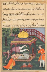 Page from Tales of a Parrot Tuti-nama: Thirty-sixth night: Mahrusa kills herself..., c. 1560