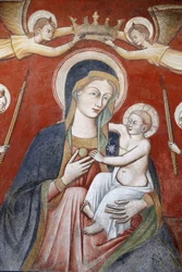 Painting in the basilica di Santa Caterina, Galatina, Apulia: Angels crowning Mary holding Jesus, Galatina, Italy