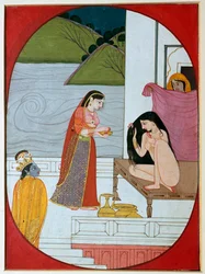 Painting of the god Khrishna watching Radha at her bath