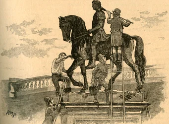 Painting the statue of King William III black, Dublin, Ireland, 1821, c. 1890