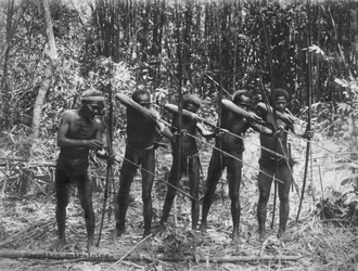 Philippines: c.1890 Male members of the Negrito tribe showing their hunting skills