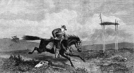 Pony Express Rider Crossing Hostile Country Pursued by Native Americans