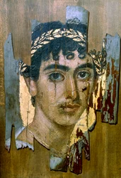 Portrait of a youth in a gold wreath, Fayum mummy portrait, Romano-Egyptian