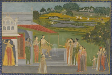 Princesses Gather at a Fountain