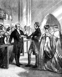 Queen Caroline being turned away from Westminster Abbey