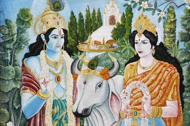 Rama, Sita, and Sacred Cow: Rama is the 7th Reincarnation of Vishnu, Pashupatinah, Kathmandu, Nepal