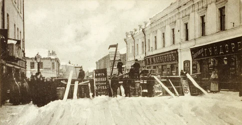 Revolutionary barricades on Seleznevskaya Street, Moscow, Russia, during the uprising in 1905