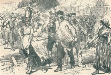 Rioters and petroleuses firing public buildings in Paris during the Paris Commune, 1871