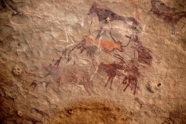 Rock art, Prehistory: Rock painting of a group of cattle and polychrome characters (shepherds and archers) in an ornate shelter, in the Uweinat massif, Sudan. Period from 8000 to 3000 years BC