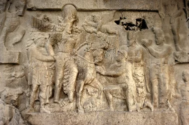 Rock relief depicting the Sassanian King Shapur I, the Roman Emperor Valerian, and Persian generals