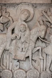 Romanesque bas-relief from capital at Autun Cathedral depicting the Flight into Egypt, Autun, France