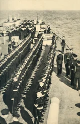 Royal Marines lined up on parade on board a ship, World War II