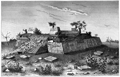 Ruins of the pyramid steps of Xochicalco, Mexico, 1901