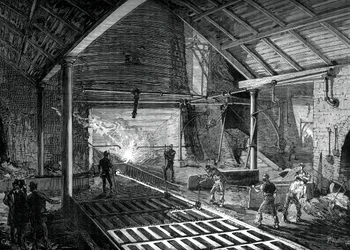 Running the molten iron into the pigs, c1880