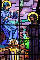 Saint-Joseph de Chedde church. Holy family stained glass by Raphael Lardeur, Chedde, France