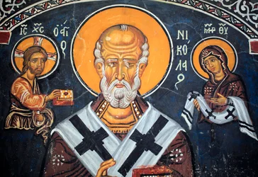 Saint Nicholas Surrounds Christ and Mary Byzantine Fresco