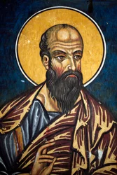 Saint Paul: Byzantine fresco from the 14th Century (1332) Nathex, south wall Phorbiotissa Virgin church, Asinou UNESCO site Troodos region, Cyprus