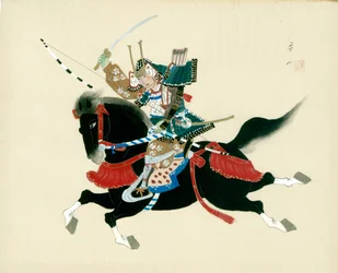 Samurai Warrior Riding a Horse. A Japanese Painting on Silk in a Traditional Japanese Style