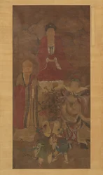 Shakyamuni with luohan, heavenly king, and boys, early 17th century