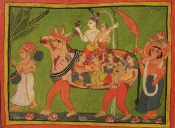 Shiva and Parvati on a Composite Cow Made of Assembled Women