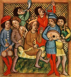 Small Drums, Fiddle, Horn, Triangle Lute and Bagpipes, Olomouc Bible