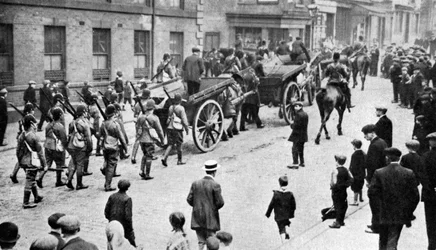Soldiers convoying coal carts during the strike, Sheffield