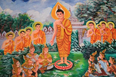 Spreading the Dharma, life of Buddha, ceiling artwork depicting the life of Buddha, Wat Inpeng, Vientiane, Laos