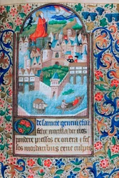 St Genevieve praying on the towers of Notre Dame, Paris