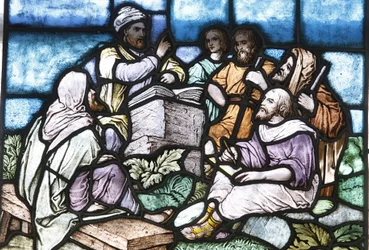 Stained Glass: Abraham Studying the Torah with the People of Israel, Budapest, Hungary