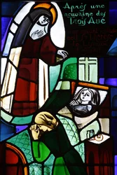 Stained glass depicting Sainte Therese de Lisieux healing a sick child in Notre-Dame-de-la-Trinite church, Blois, France