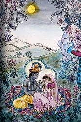 Stained Glass in ISKCON Temple: Krishna and Radha, London, Great Britain