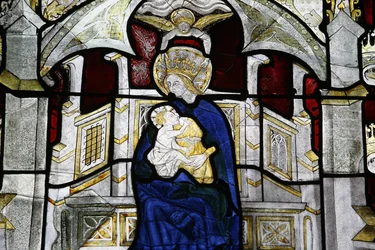 Stained Glass Window at Collegiale Notre-Dame des Marais: Virgin and Child, Villefranche-sur-Saone, France