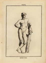 Statue of Mercury, Roman god of commerce and communication, in winged hat with goat skin