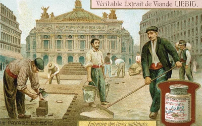Surfacing a Paris street with wooden blocks, c1900