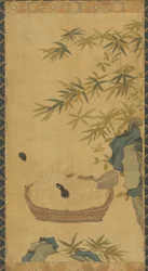 Tapestry: doves bathing in a bowl, rocks and bamboos, Possibly Ming dynasty, 1368-1644
