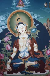 Thangka depicting White Tara goddess, Buddhist symbol of long life, Bhaktapur, Nepal