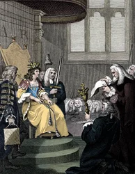 The Act of Union between England and Scotland being read before Queen Anne