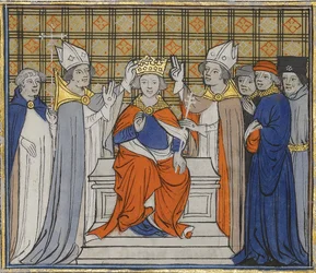The Anointing and Coronation of Louis IV at Laon, 19 June 936. From Grandes Chroniques de France, 15