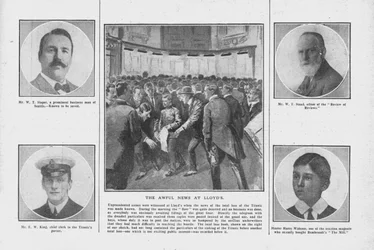 The Awful News at Lloyds, with Portraits of Some of Those on Board the Titanic, April 20, 1912