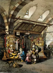 The Bazaar of Constantinople, colour lithograph
