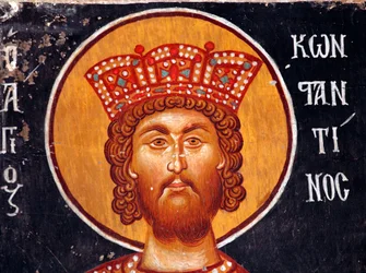 The Byzantine Fresco from the 15th Century (Detail): The Emperor Constantine, Wall Painting, Michael Archangel Church in Pedoulas, Cyprus, Painted Churches UNESCO Site, Troodos, Cyprus