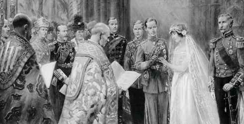 The Duke of York placing the ring on Lady Elizabeth Bowes-Lyon