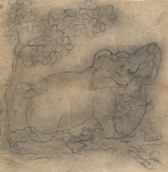 The Elephant King Wrestles a Crocodile: Illustration from a Gajendramoksha Series, late 19th century