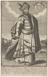 The King of Cambodia standing with a sceptre in his right hand
