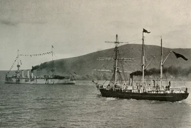 The Nimrod Passing H.M.S. Powerful in Lyttelton Harbour, 1 January 1908