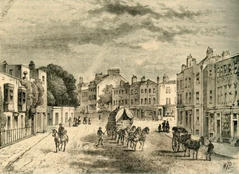 The Old Village of Vauxhall, with Entrance to the Gardens, in 1825